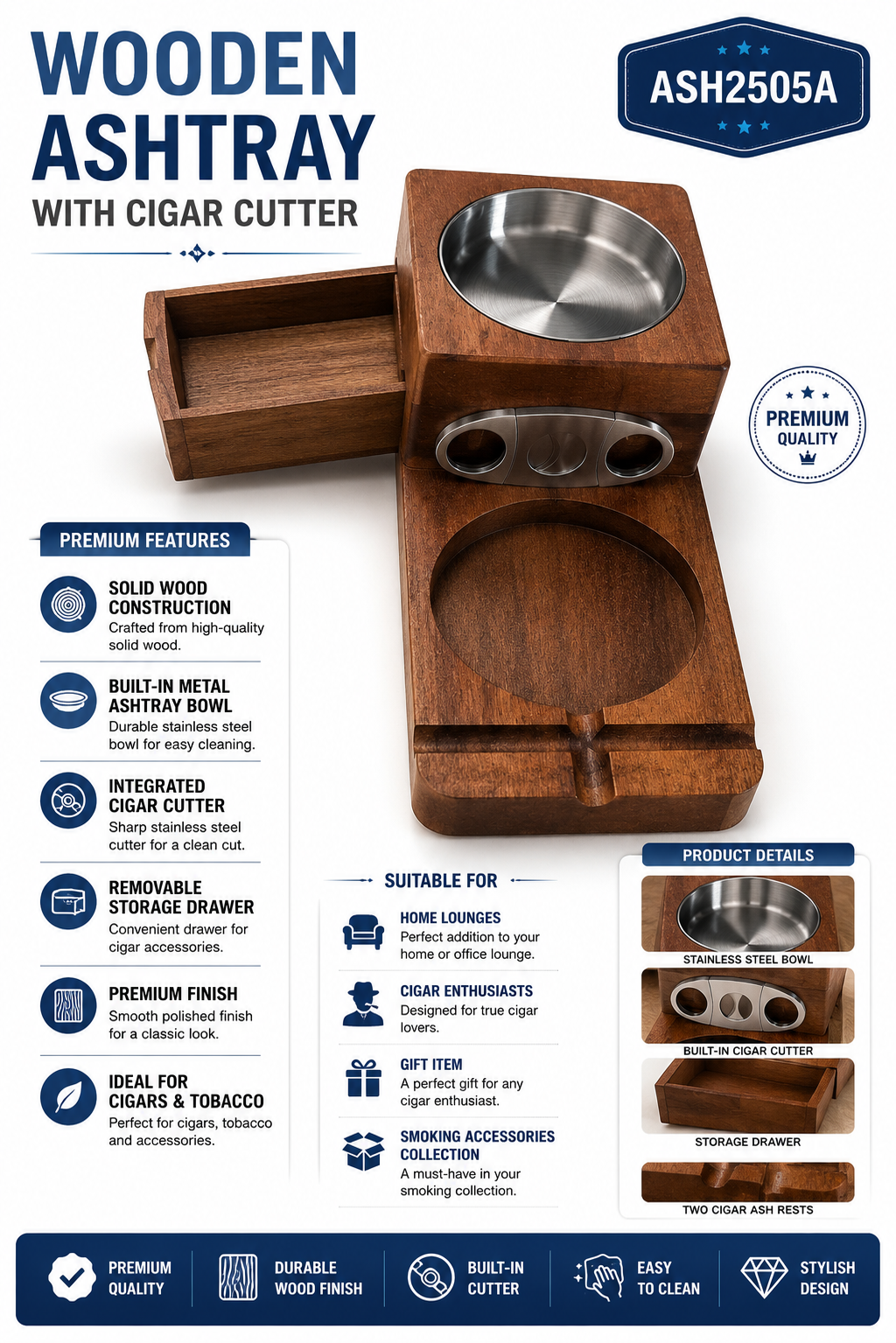 Wooden Ashtray With Cigar Cutter